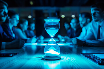 employees gathered around a conference table, their faces illuminated by the soft glow of blue light, with an hourglass at the center symbolizing the race against time to meet proj