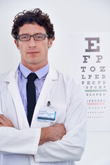 Fototapeta na wymiar Man, optician and portrait for eye exam consultation or vision testing or prescription lens, glaucoma or confidence. Male person, glasses and ophthalmology checkup at clinic or advice, care or health