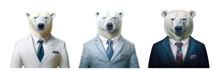 Set of illustrations of a bear businessman on a transparent background.