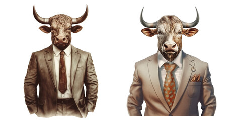Set of illustrations of bull businessmen on transparent background.