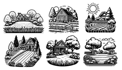 idyllic rural landscape, cottage, farmstead and vegetable field, black vector graphic