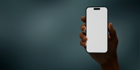 Black African-American hand displays a modern smartphone with a blank screen  - 758795998