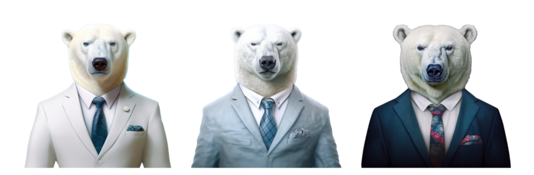 Set of illustrations of a bear businessman on a transparent background.