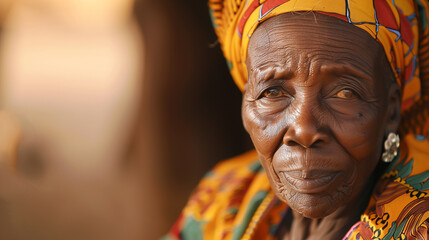 An elderly African woman dressed in traditional clothes looks into the camera