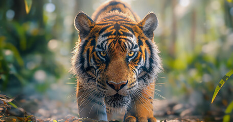 A tiger is walking in a dense forest. Eyes staring at the target Image generated by AI