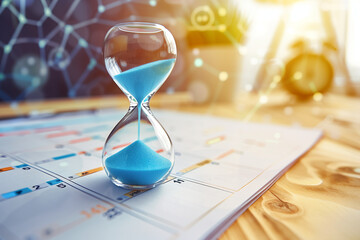 A conceptual photo of an hourglass superimposed over a calendar, highlighting the interconnectedness of time management and meeting deadlines in a professional setting