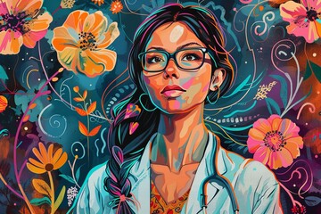 This illustration captures a nurse in bohemian style, surrounded by a rich tapestry of colorful flowers, embodying a spirit of care and vitality. - obrazy, fototapety, plakaty