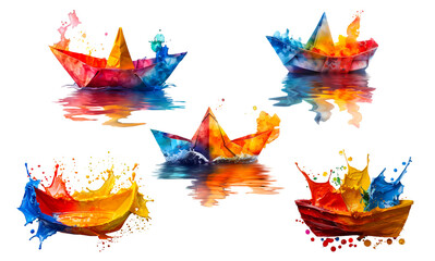 set of colorful Boat illustrations on transparent background.