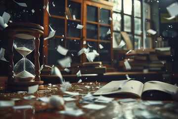 A dramatic shot of papers flying off a desk, scattered around an hourglass that stands ominously in the foreground, illustrating the chaos that ensues when time is not managed effe - obrazy, fototapety, plakaty