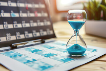 A conceptual photo of an hourglass superimposed over a calendar, highlighting the interconnectedness of time management and meeting deadlines in a professional setting - obrazy, fototapety, plakaty
