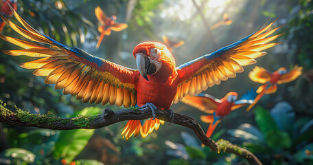 Colorful parrots are flying around on branches in the rainforest. Image generated by AI