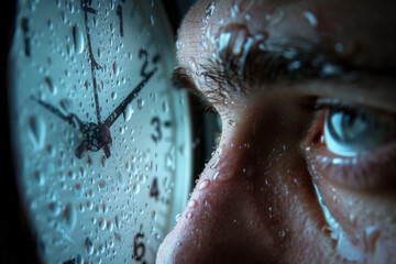 An employee staring intently at a wall-mounted clock, beads of sweat forming on their forehead as they realize time is running out to complete a project - obrazy, fototapety, plakaty