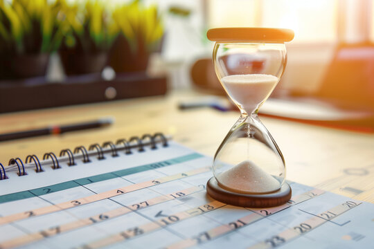 A conceptual photo of an hourglass superimposed over a calendar, highlighting the interconnectedness of time management and meeting deadlines in a professional setting