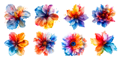 Illustration set of colorful flowers on a transparent background.

