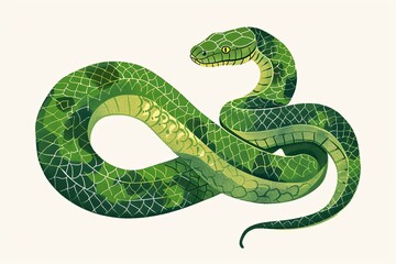 An intricately patterned green snake curls elegantly, its emerald scales exuding a sense of majestic beauty and ancient lore.