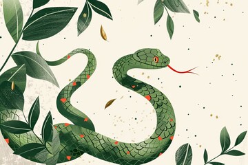 A vibrant green snake weaves through a lush fantasy of leaves and golden specks, evoking a serene, mythical atmosphere.