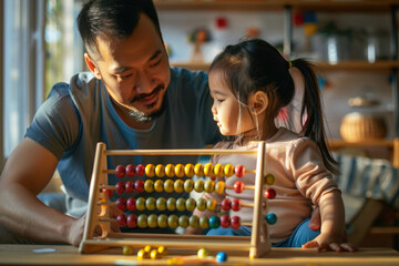 father and little cute girl, kid playing with abacus, early education