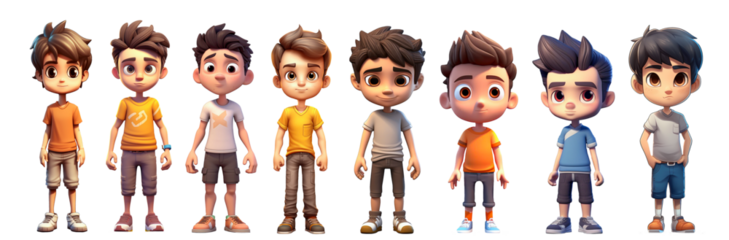 Set of illustrations of young boys on transparent background.