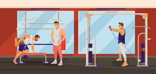 Man, sportsman exercises in gym interior with mirror, red walls, two lamps, panoramic window, dumbbell, barbell and fitness equipment. Vector illustration