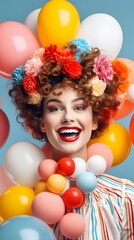 Fototapeta na wymiar Celebration, festive and lifestyle concept. portrait of a happy and smiling woman with colorful balloons