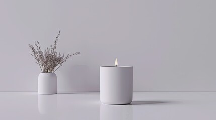 the oversized cylindrical cup with the scented candle. Keep the background simple and pure white to emphasize the freshness and purity of the scene, allowing the product to stand out.