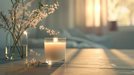 the oversized cylindrical cup with the scented candle. Keep the background simple and pure white to emphasize the freshness and purity of the scene, allowing the product to stand out.