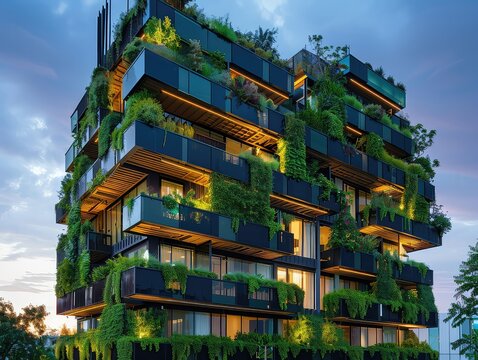 Sustainable Residential Community - Green Building Design - Energy-saving Features - Craft an image that illustrates a sustainable residential community, with green building design