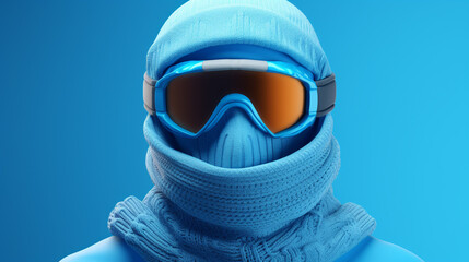 A ski mask and goggles arranged on an arctic blue background. - obrazy, fototapety, plakaty