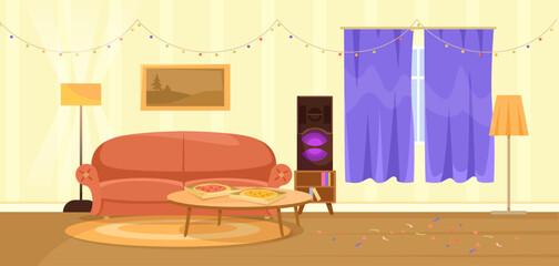 An interior design featuring a purple couch, wood table, speakers, and violet curtains. Vector illustration