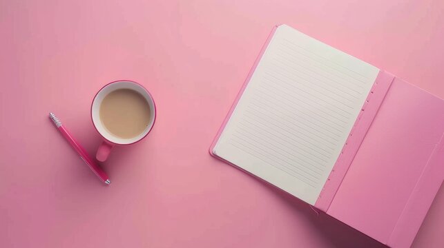 Soft focus of top view white blank notebook and a coffee in pink cup on pink background, pink stationery and office supplies minimal flat lay, note taking tools 
