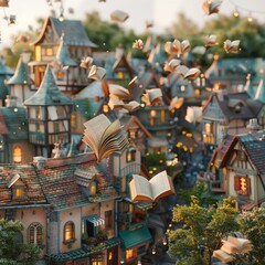 Whimsical town flying books
