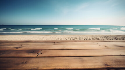 Fototapeta premium Empty wooden table in front of beach background