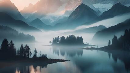 Naklejka premium Tranquil Alpine Lake, Misty Dawn, Soft Golden Glow, Snow-capped Peaks