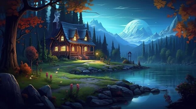 Moonlit Haven: Fantasy House by the Lake in the Night Landscape
 Seamless looping 4k time-lapse virtual video animation background. Generated AI