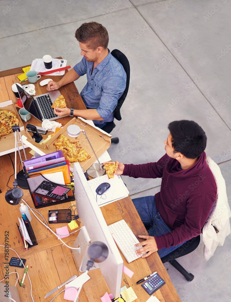 Poster Business people, men and working while eating with top view for deadline, pizza and coworking company. Programmer, teamwork and technology on lunch with fast food, coding and software development