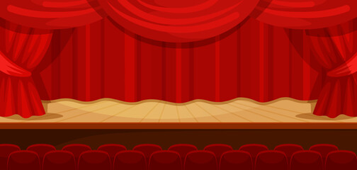 Empty concert hall. Spot light on wooden scene. Theater stage with open red vintage curtains. Theatre interior with elegant fabric chairs and seats. Cinema Premier festival event. Vector illustration 