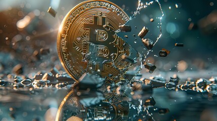 Bitcoin Shattering into Pieces with Dynamic Water Splash An impactful image of a Bitcoin coin breaking apart, surrounded by a dynamic splash of water, capturing the volatility of cryptocurrency.

