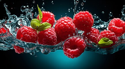 a group of raspberries splashing into water