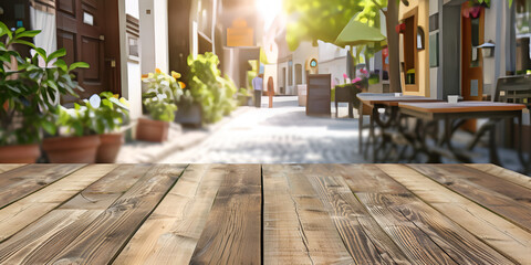 street café and wooden desk board place. Empty wooden table top with lights bokeh on blur restaurant background.