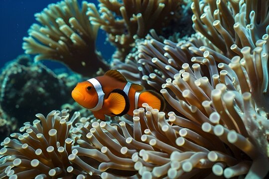 A clown fish nemo in the sea anemone, underwater macro photography, detail of anemone fish hiding in Andaman sea