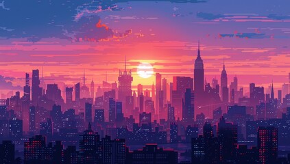 Fototapeta na wymiar comic book illustration of the city skyline at sunset