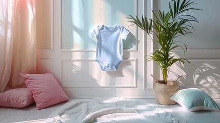 blue, pink, or white bodysuit without labels against a white background, evoking the serene ambiance of the beach and leaving ample space for accompanying text.