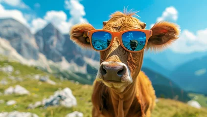 Schilderijen op glas A cow wearing sunglasses with the mountains in background © Photo And Art Panda