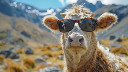 A cow wearing sunglasses with the mountains in background
