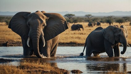 elephants in the water - obrazy, fototapety, plakaty