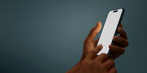 Black African-American hand displays a modern smartphone with a blank screen  - 758798560