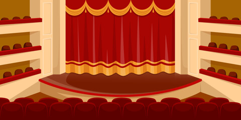 Empty concert hall. Spot light on wooden scene. Theater stage with open red vintage curtains. Theatre interior with elegant fabric chairs and seats. Cinema Premier festival event. Vector illustration  © GN.STUDIO