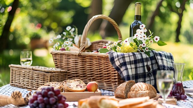 Idyllic Summer Picnic in the Park with Wine and Gourmet Food