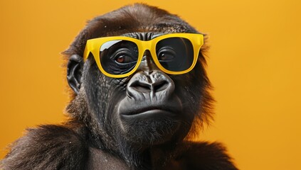 A cute gorilla wearing yellow sunglasses, funny and humorous expression
