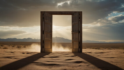 Opened door on desert. Unknown and start up concept. 3D Illustration. Desert background.